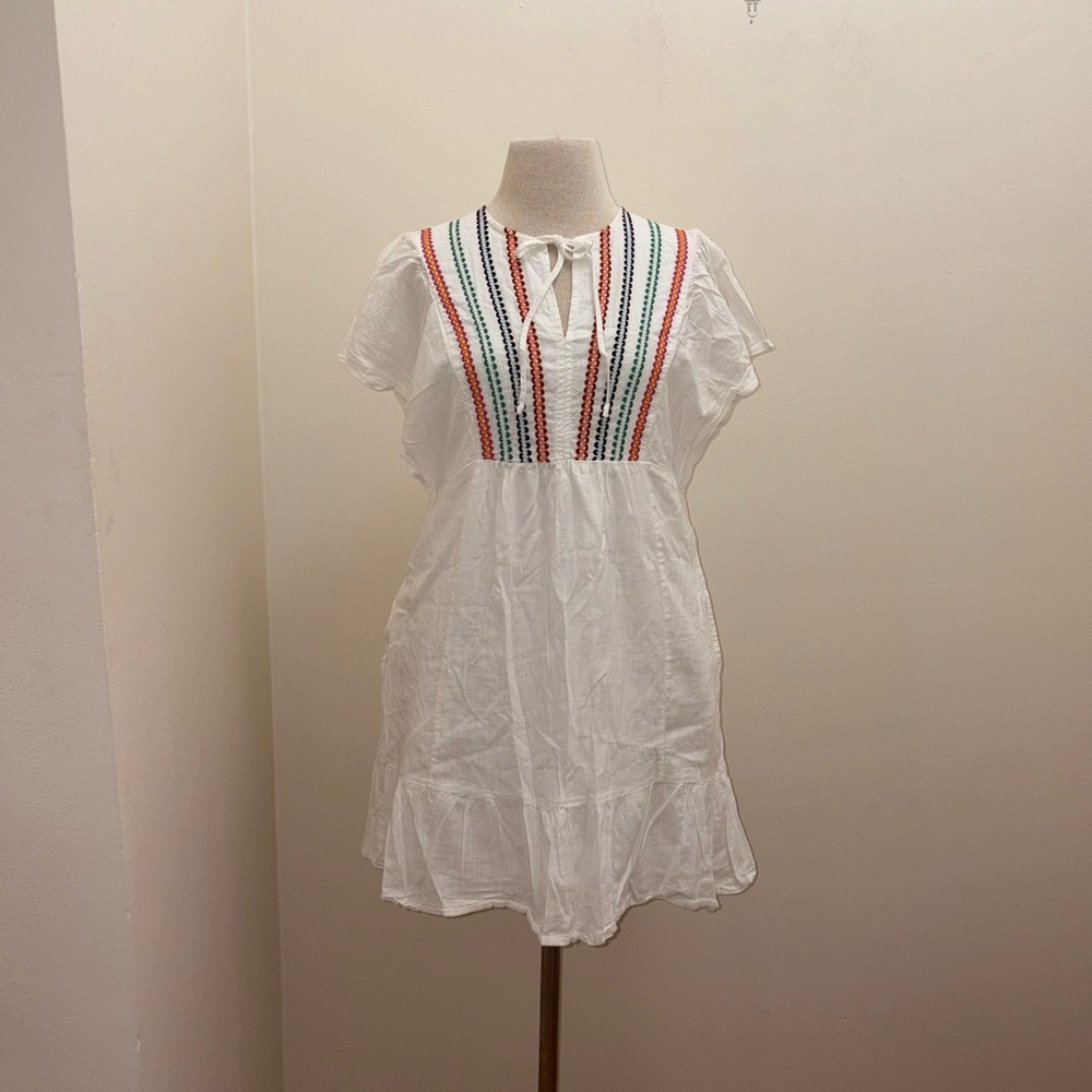 Knox Rose White Mini Tie Neck Cotton Blend Boho Peasant Sun Dress Size Medium - Picture 8 of 10